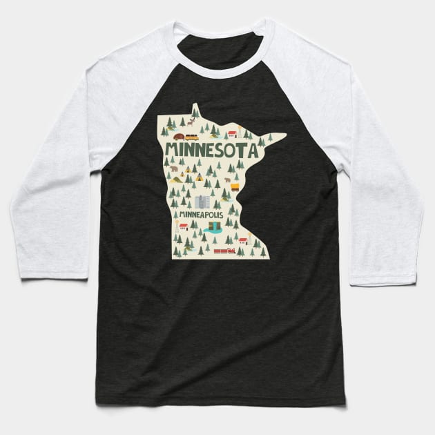 Minnesota State USA Illustrated Map Baseball T-Shirt by JunkyDotCom